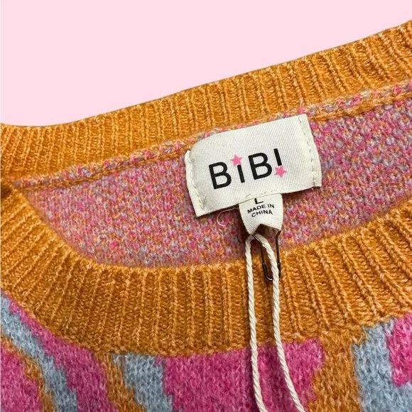 Bibi Orange and Pink Crew Neck Sweater with leopard Playful Pattern Size L - Picture 3 of 11